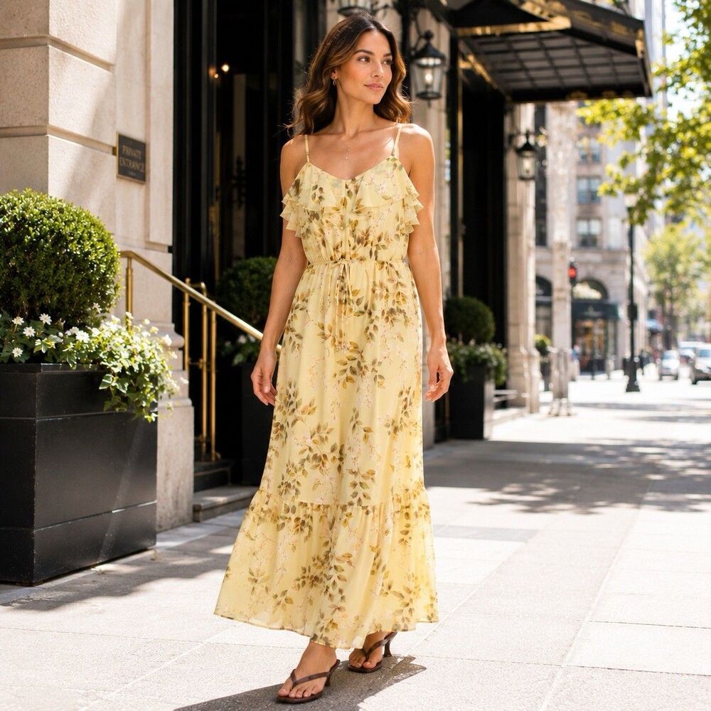 NICOLE MILLER NEW YORK New Women MEDIUM Maxi Dress Floral Ruffle TieWaist Yellow